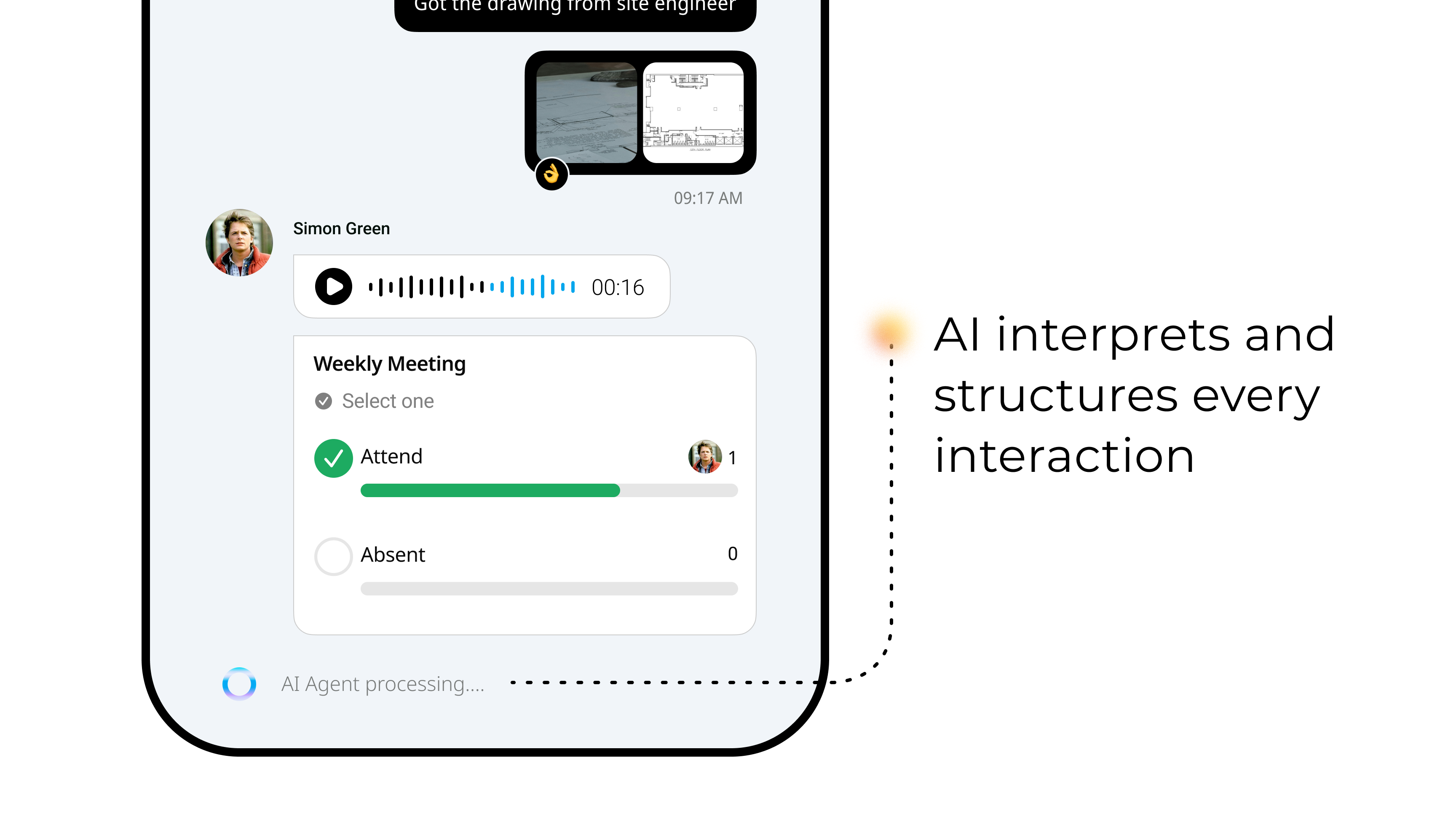 AI Agent processing messages in a WhatsApp group